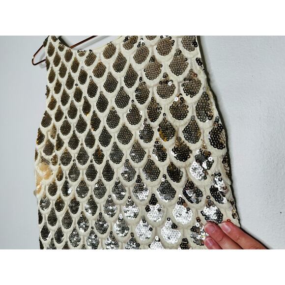 MILLY White Gold Silver Scallop Print Sequins Rhea Sleeveless Mini Dress Size 6 - Picture 9 of 16